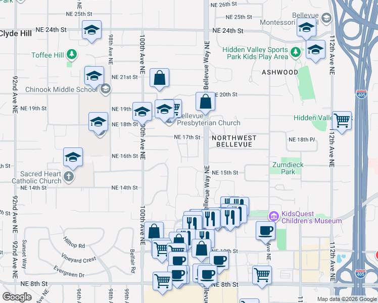 map of restaurants, bars, coffee shops, grocery stores, and more near 1620 103rd Avenue Northeast in Bellevue