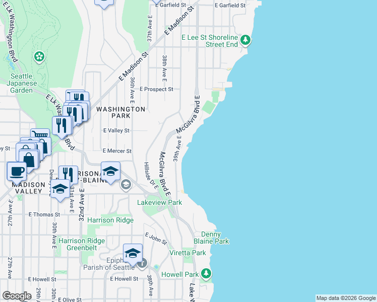 map of restaurants, bars, coffee shops, grocery stores, and more near 482 39th Avenue East in Seattle