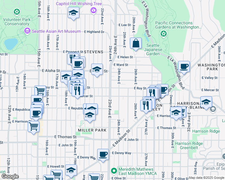 map of restaurants, bars, coffee shops, grocery stores, and more near in Seattle