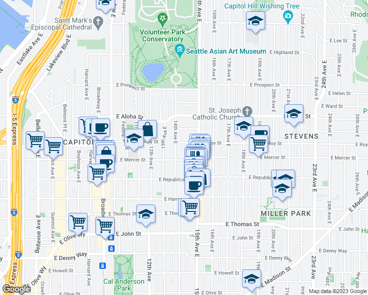 map of restaurants, bars, coffee shops, grocery stores, and more near in Seattle