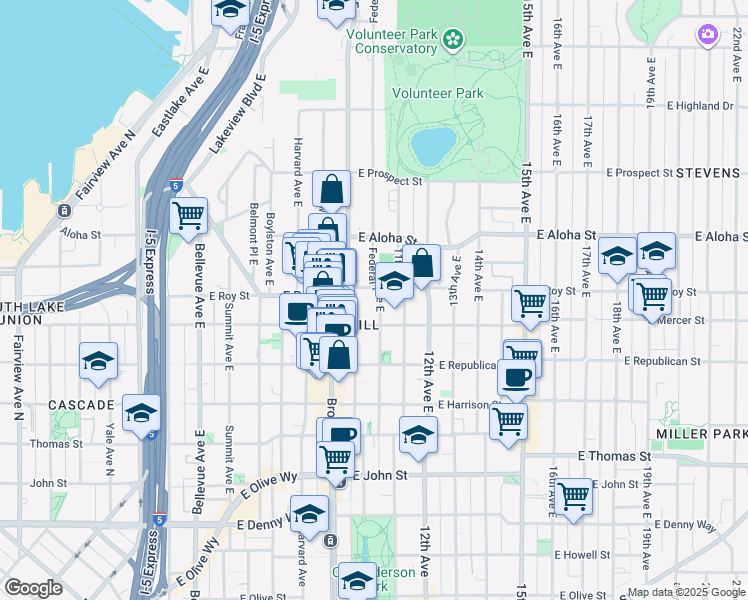 map of restaurants, bars, coffee shops, grocery stores, and more near 623 Federal Avenue East in Seattle
