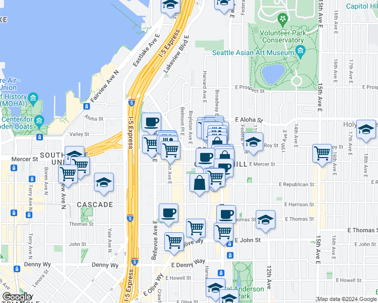 map of restaurants, bars, coffee shops, grocery stores, and more near 623 East Roy Street in Seattle