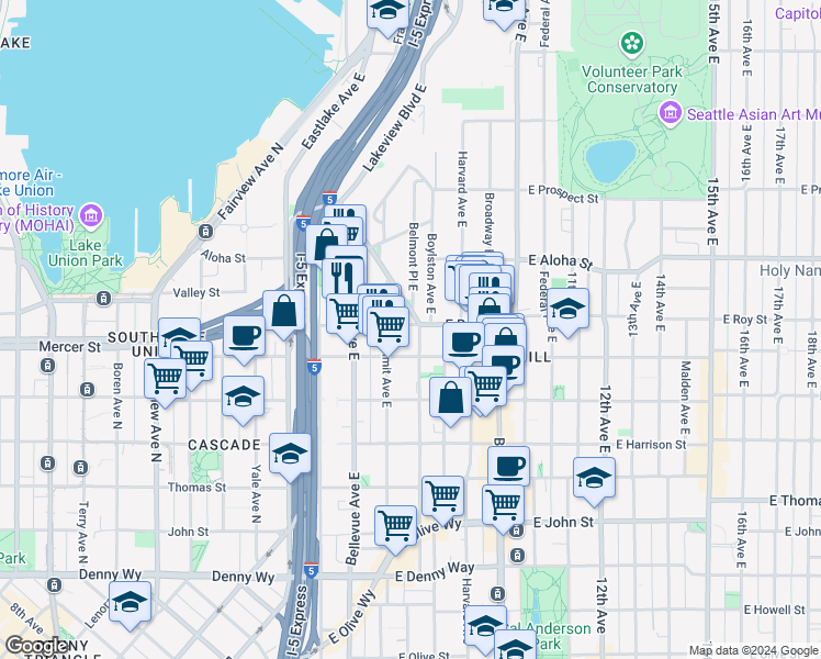 map of restaurants, bars, coffee shops, grocery stores, and more near in Seattle