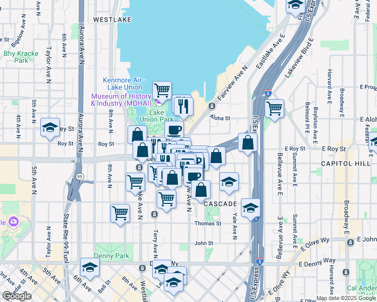map of restaurants, bars, coffee shops, grocery stores, and more near 700 Fairview Avenue North in Seattle