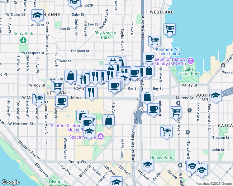 map of restaurants, bars, coffee shops, grocery stores, and more near in Seattle