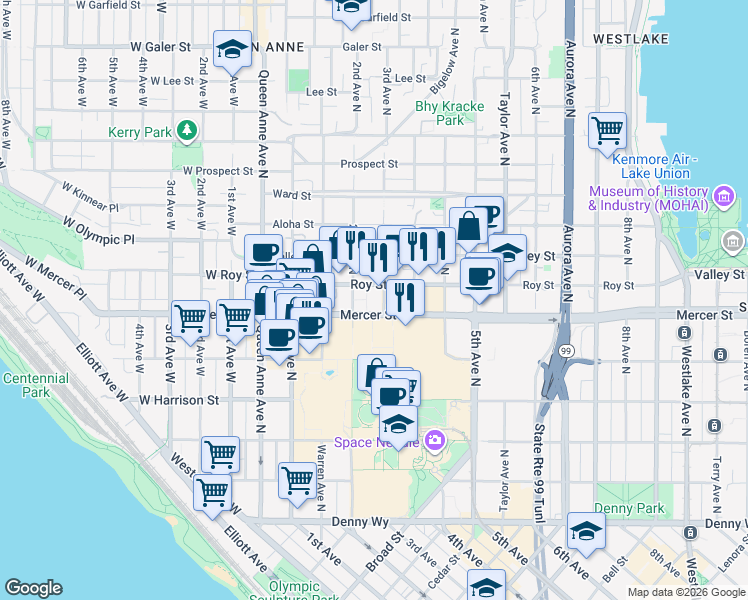 map of restaurants, bars, coffee shops, grocery stores, and more near 222 Mercer Street in Seattle