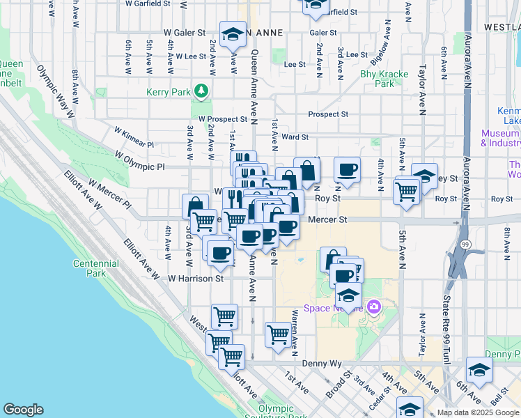 map of restaurants, bars, coffee shops, grocery stores, and more near in Seattle