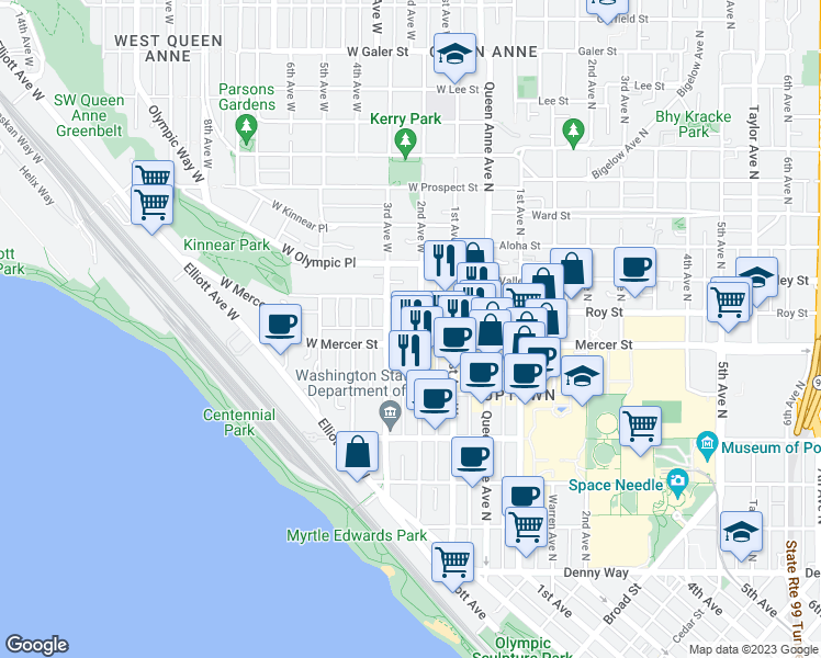 map of restaurants, bars, coffee shops, grocery stores, and more near 200 West Mercer Street in Seattle