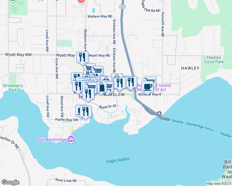 map of restaurants, bars, coffee shops, grocery stores, and more near 120 Ericksen Avenue Northeast in Bainbridge Island