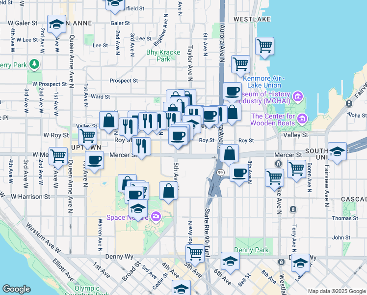 map of restaurants, bars, coffee shops, grocery stores, and more near 501 Roy Street in Seattle