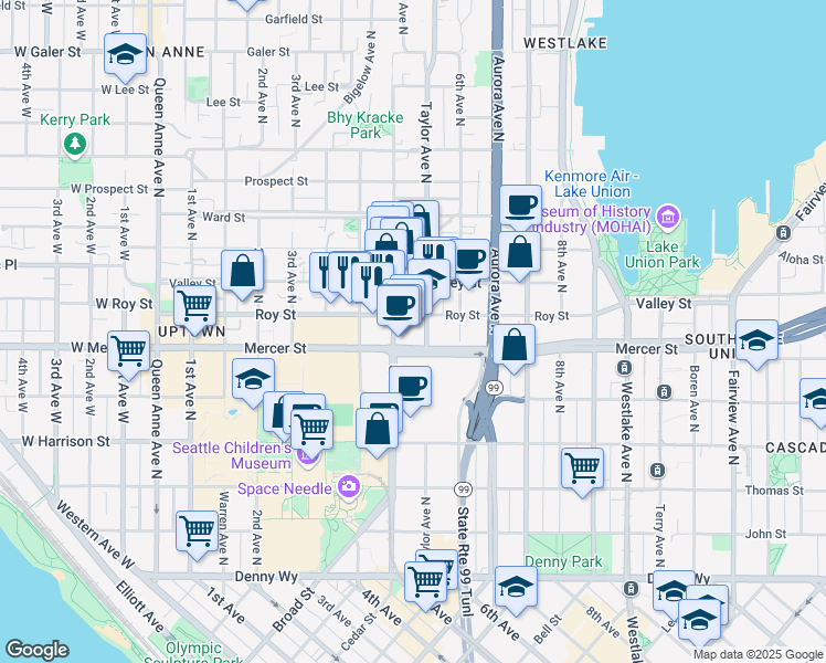 map of restaurants, bars, coffee shops, grocery stores, and more near 500 Mercer Street in Seattle
