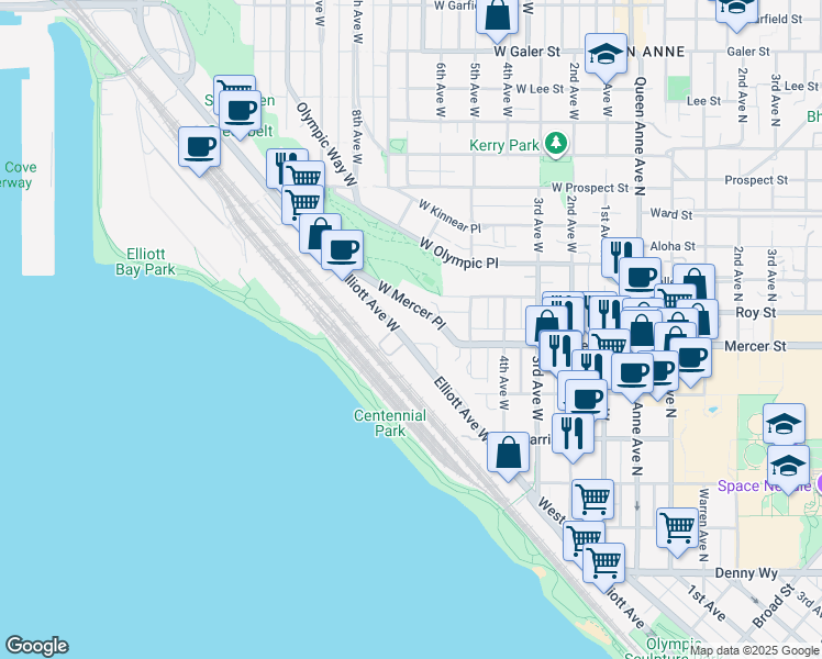 map of restaurants, bars, coffee shops, grocery stores, and more near 608 Elliott Avenue West in Seattle