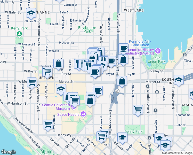 map of restaurants, bars, coffee shops, grocery stores, and more near 500 Mercer Street in Seattle