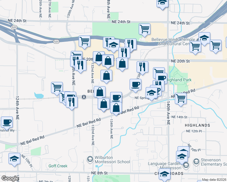 map of restaurants, bars, coffee shops, grocery stores, and more near 13400-13430 Northeast Spring Boulevard in Bellevue