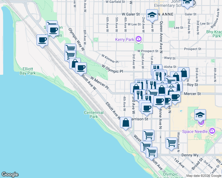 map of restaurants, bars, coffee shops, grocery stores, and more near in Seattle