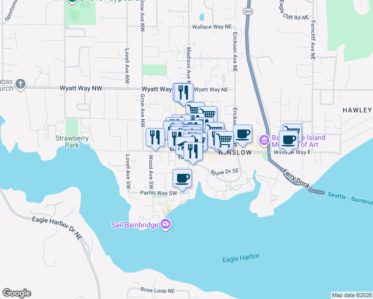 map of restaurants, bars, coffee shops, grocery stores, and more near in Bainbridge Island