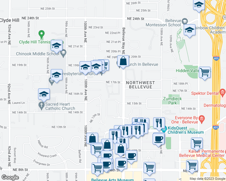 map of restaurants, bars, coffee shops, grocery stores, and more near 1606 103rd Place Northeast in Bellevue