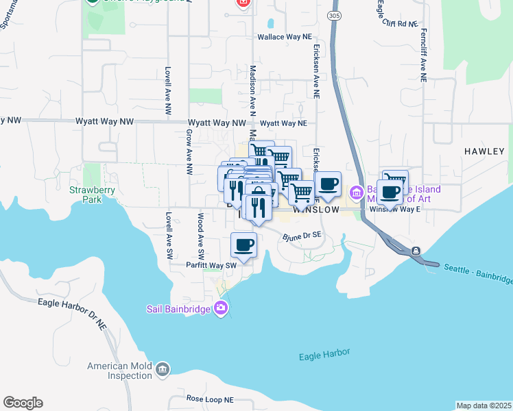 map of restaurants, bars, coffee shops, grocery stores, and more near 100 Winslow Way West in Bainbridge Island