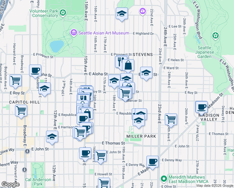 map of restaurants, bars, coffee shops, grocery stores, and more near 614 18th Avenue East in Seattle