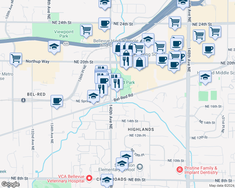 map of restaurants, bars, coffee shops, grocery stores, and more near 14028 Bel-Red Road in Bellevue