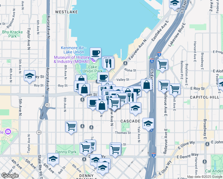 map of restaurants, bars, coffee shops, grocery stores, and more near 609 Fairview Avenue North in Seattle
