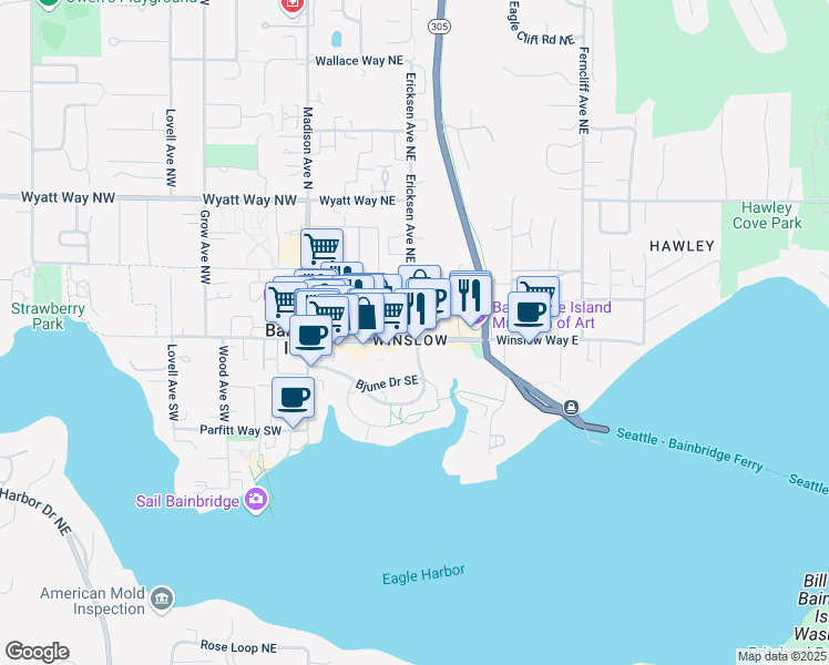 map of restaurants, bars, coffee shops, grocery stores, and more near 120 Ericksen Avenue Northeast in Bainbridge Island
