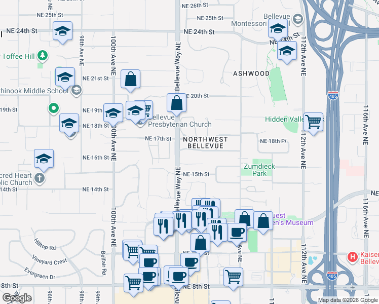 map of restaurants, bars, coffee shops, grocery stores, and more near 10421 Northeast 17th Street in Bellevue
