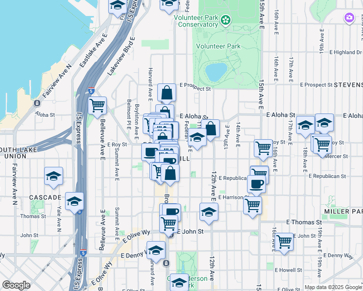 map of restaurants, bars, coffee shops, grocery stores, and more near 628 10th Avenue East in Seattle