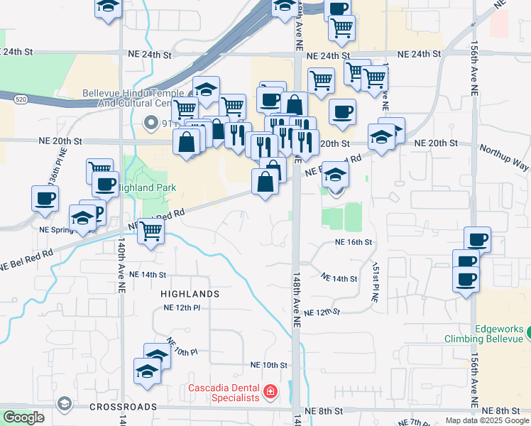 map of restaurants, bars, coffee shops, grocery stores, and more near 14650 Northeast 16th Street in Bellevue
