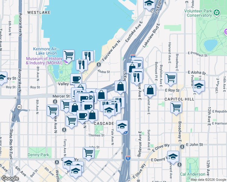 map of restaurants, bars, coffee shops, grocery stores, and more near 600-698 Pontius Avenue North in Seattle