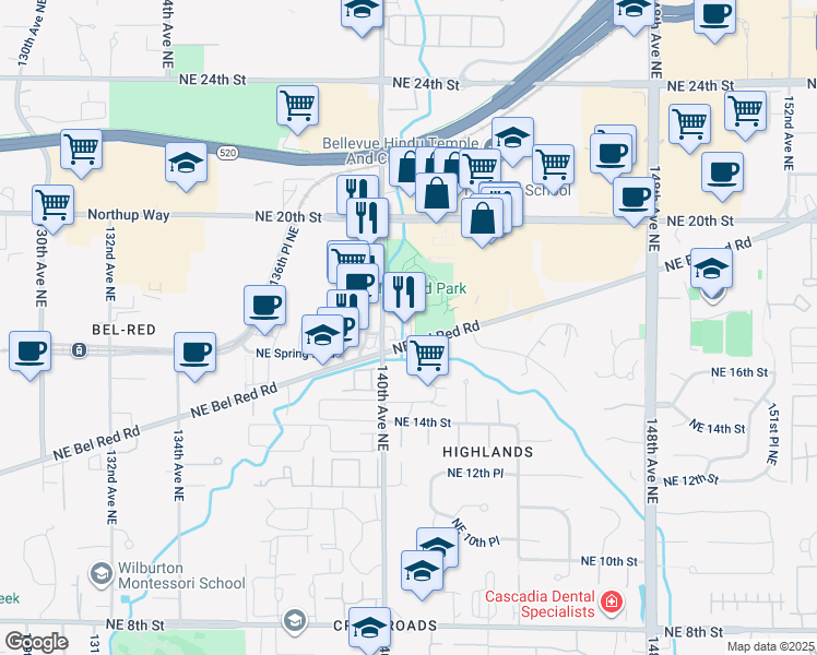 map of restaurants, bars, coffee shops, grocery stores, and more near 14028 Northeast Bellevue Redmond Road in Bellevue