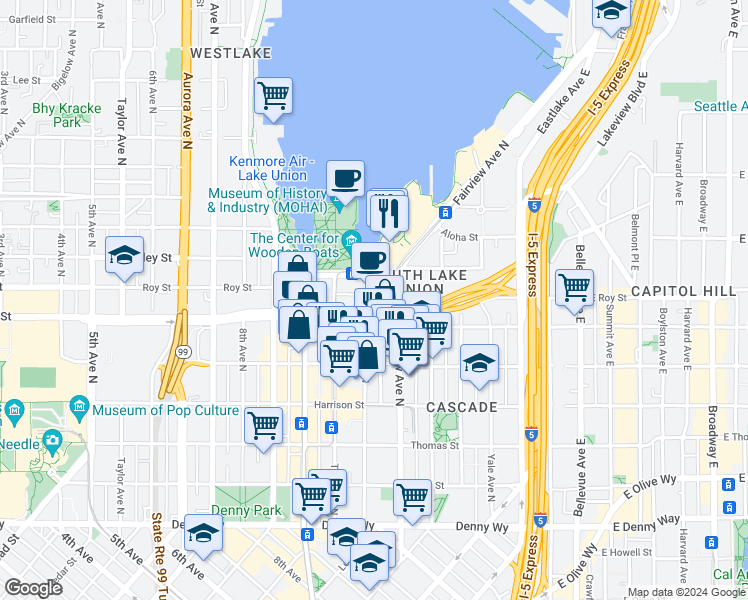 map of restaurants, bars, coffee shops, grocery stores, and more near 1104 Mercer Street in Seattle