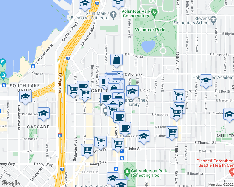 map of restaurants, bars, coffee shops, grocery stores, and more near Broadway E & E Roy St in Seattle