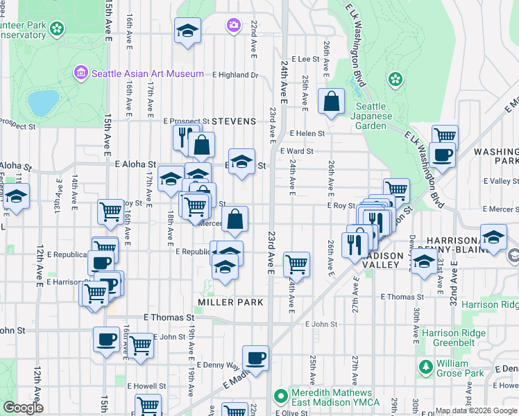 map of restaurants, bars, coffee shops, grocery stores, and more near in Seattle
