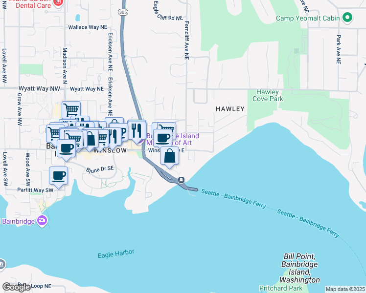 map of restaurants, bars, coffee shops, grocery stores, and more near 778 Winslow Way East in Bainbridge Island