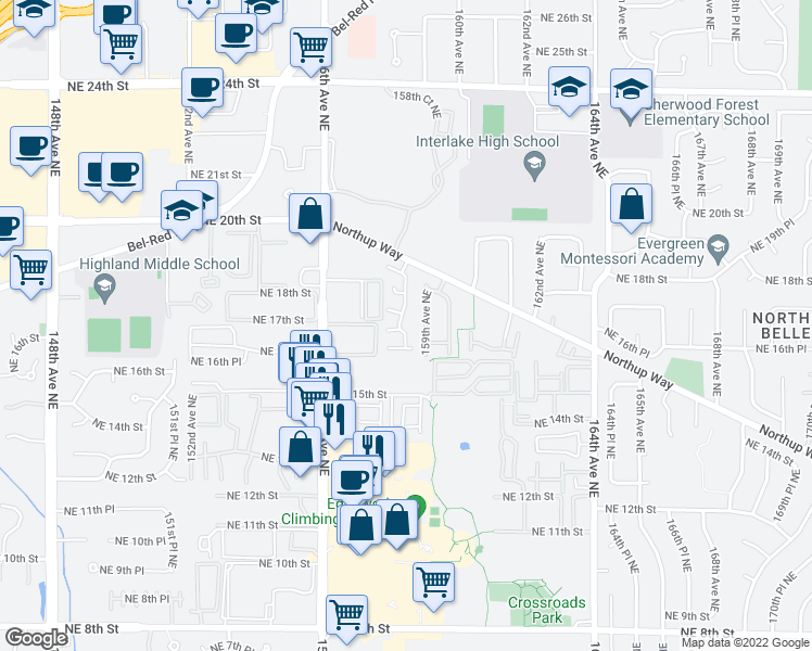 map of restaurants, bars, coffee shops, grocery stores, and more near 15853 Northup Way in Bellevue