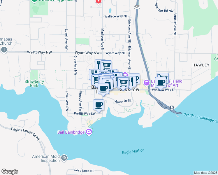 map of restaurants, bars, coffee shops, grocery stores, and more near 166 Winslow Way East in Bainbridge Island