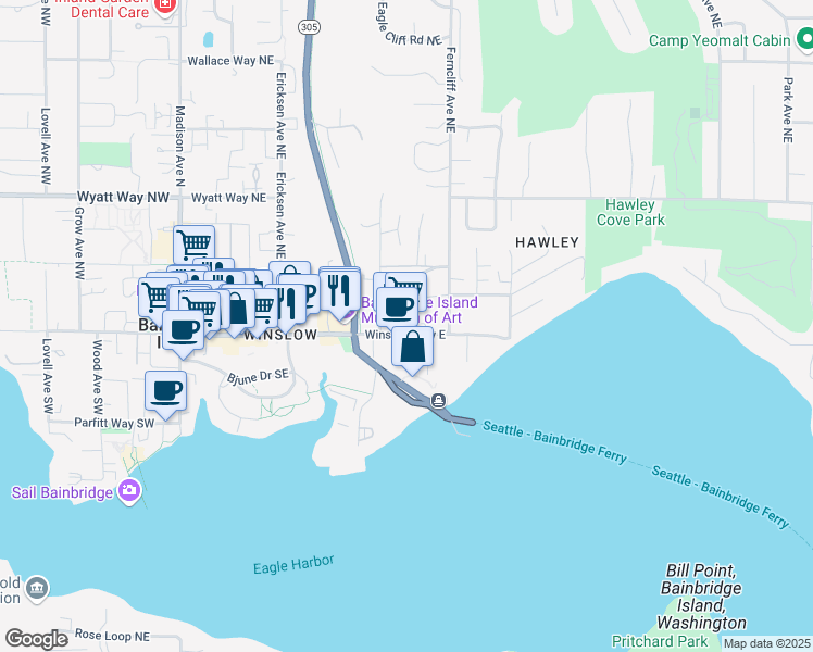 map of restaurants, bars, coffee shops, grocery stores, and more near 105 Harbor Square Loop Northeast in Bainbridge Island