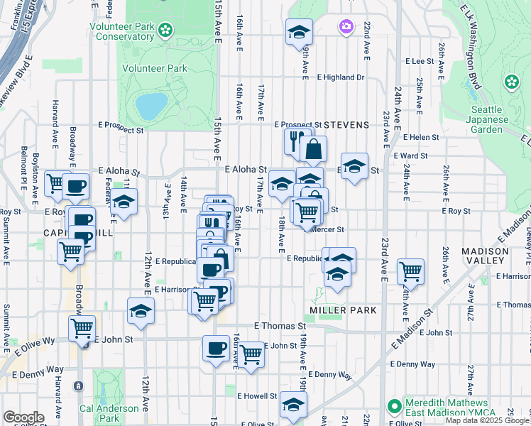 map of restaurants, bars, coffee shops, grocery stores, and more near 618 17th Avenue East in Seattle