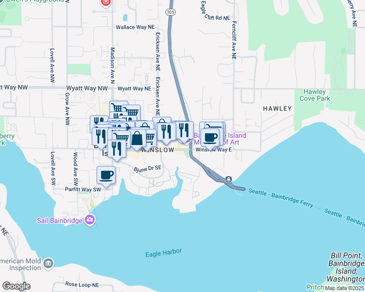map of restaurants, bars, coffee shops, grocery stores, and more near 500 Winslow Way East in Bainbridge Island