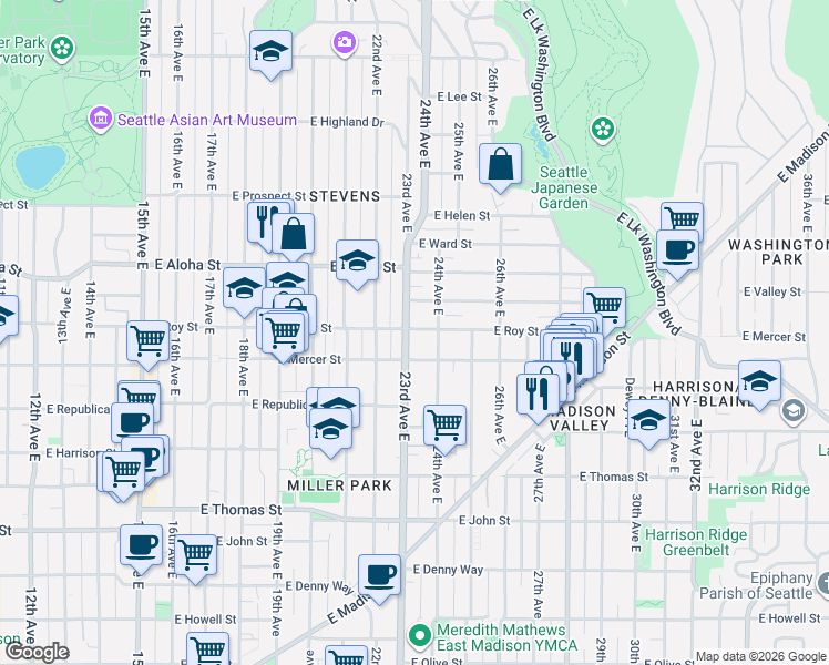 map of restaurants, bars, coffee shops, grocery stores, and more near in Seattle