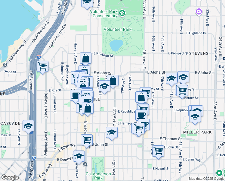 map of restaurants, bars, coffee shops, grocery stores, and more near 622 11th Avenue East in Seattle