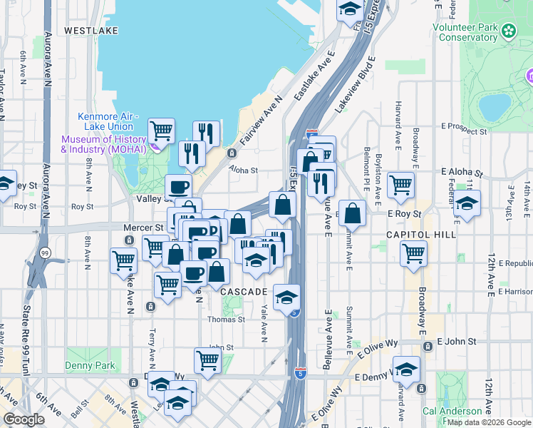 map of restaurants, bars, coffee shops, grocery stores, and more near 600-698 Pontius Avenue North in Seattle