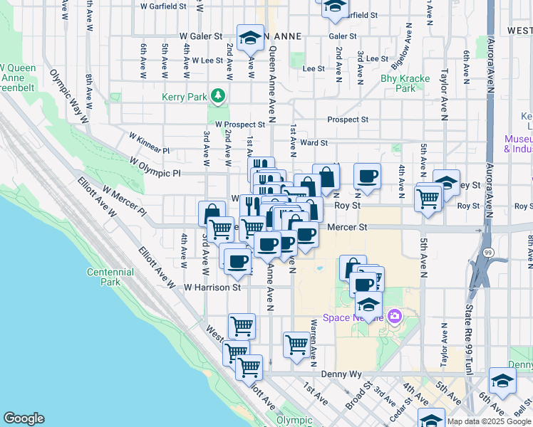 map of restaurants, bars, coffee shops, grocery stores, and more near in Seattle