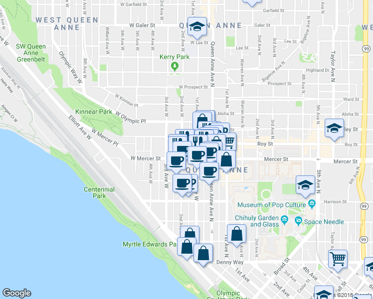 map of restaurants, bars, coffee shops, grocery stores, and more near 200 West Mercer Street in Seattle