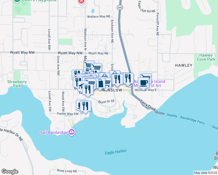 map of restaurants, bars, coffee shops, grocery stores, and more near 380 Winslow Way East in Bainbridge Island