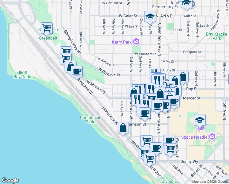 map of restaurants, bars, coffee shops, grocery stores, and more near 620 5th Avenue West in Seattle