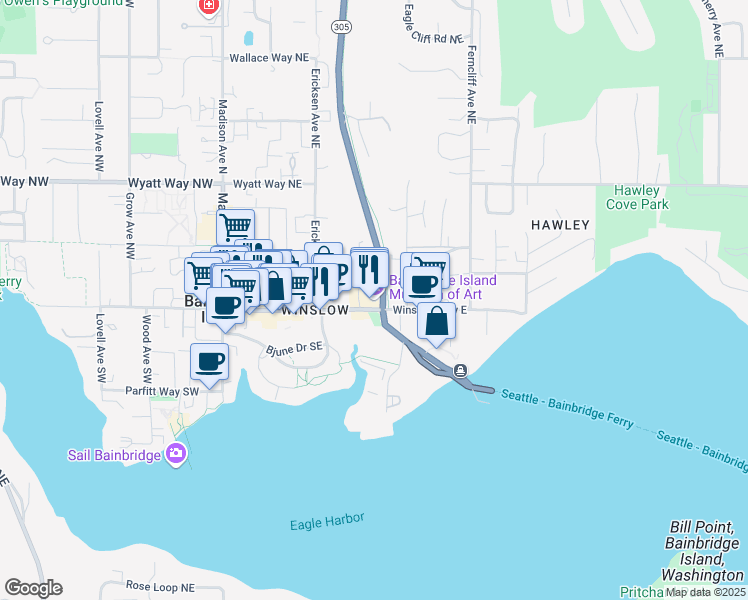 map of restaurants, bars, coffee shops, grocery stores, and more near 550 Winslow Way East in Bainbridge Island