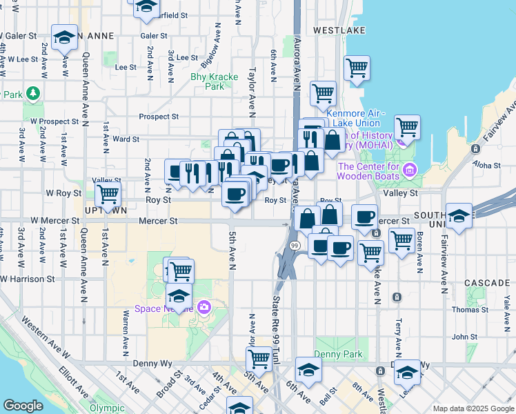 map of restaurants, bars, coffee shops, grocery stores, and more near 557 Roy Street in Seattle