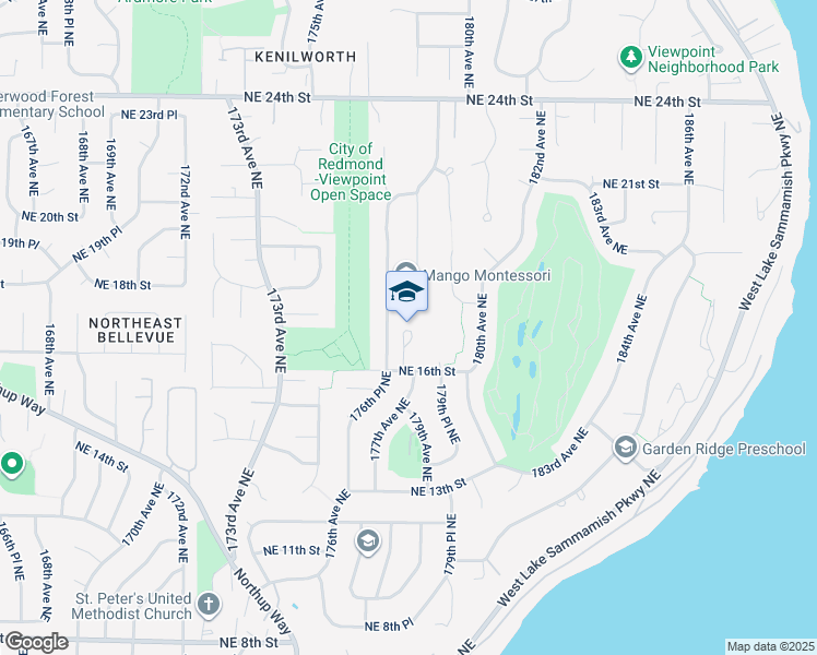 map of restaurants, bars, coffee shops, grocery stores, and more near 17900 Northeast 16th Street in Bellevue